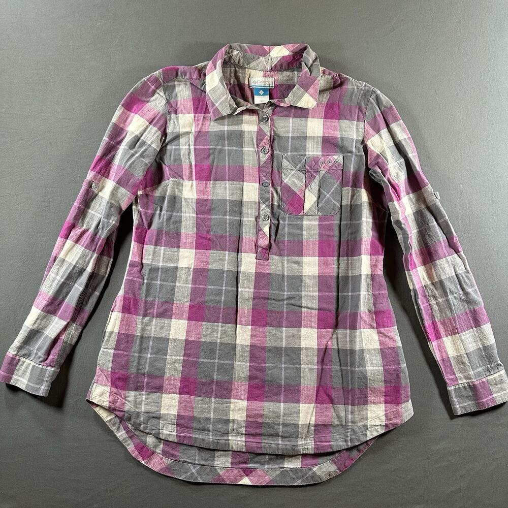 Columbia PFG Women’s L Plaid Button-Up Shirt Long Sleeve Pockets Purple Gray